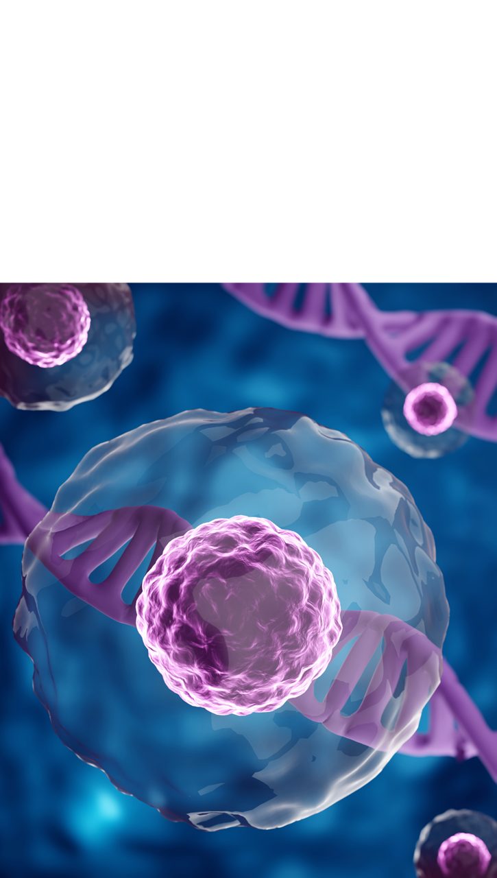 A purple DNA model, illustrating Astellas’ Focus Area Approach.