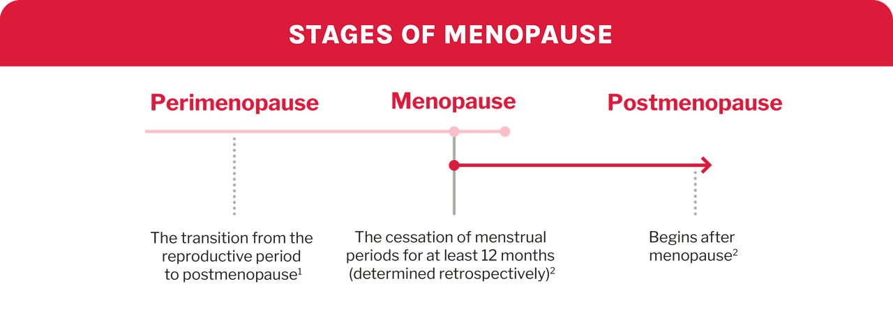 Line graph of the stages of menopause: perimenopause,  menopause, and postmenopause. 