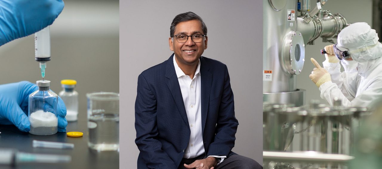 Rao V. Mantri, Chief Manufacturing Officer at Astellas, overlaid on science and manufacturing exemplifying the company’s innovation 