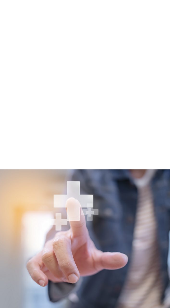 A man touches a digital screen showing a positive symbol, illustrating Astellas’ agile digital focus. 