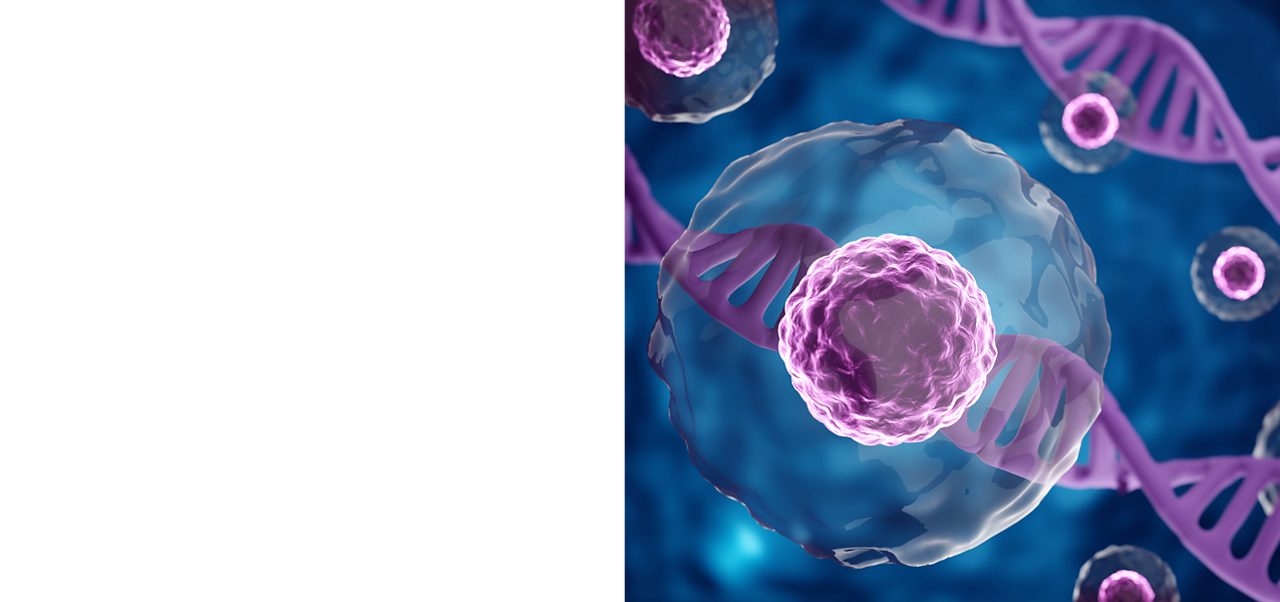 A purple DNA model, illustrating Astellas’ Focus Area Approach.