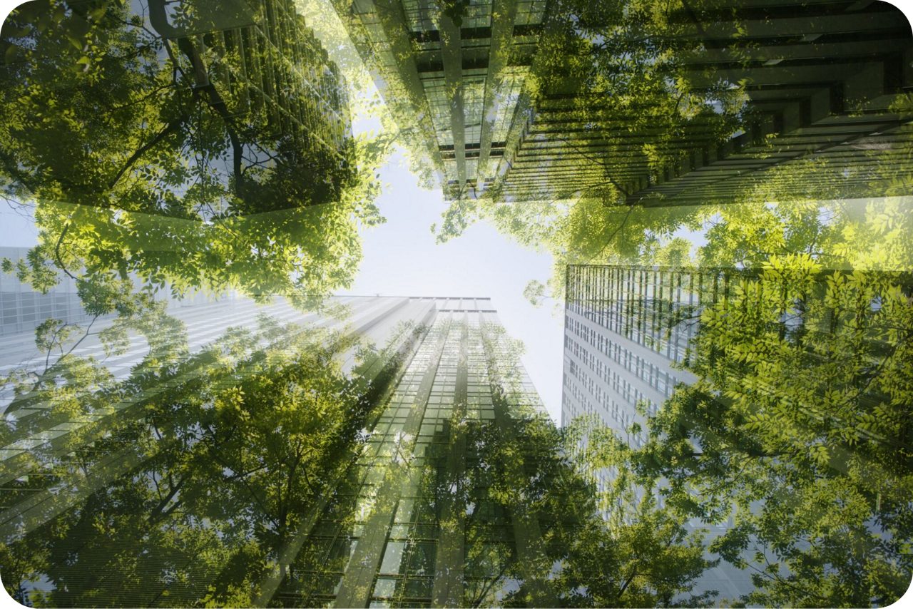 Exterior of an Astellas office building, where the company is commited to taking measures against climate change.