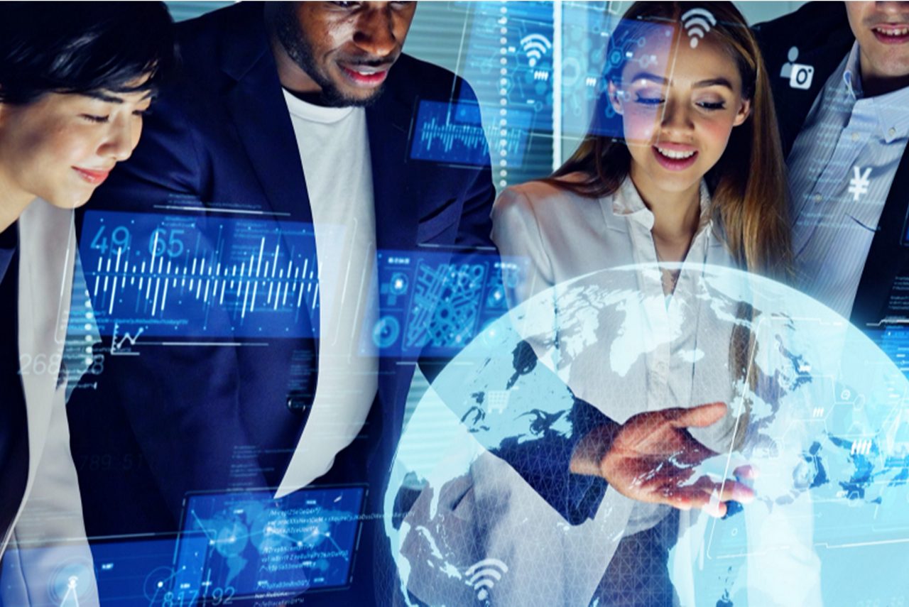  Astellas employees gather around a digital globe showing the company’s focus on building a sustainable society.