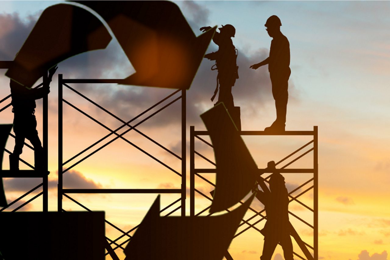Illustration of workers building a recycling sign, symbolizing Astellas’ contribution to a recycling-oriented society.