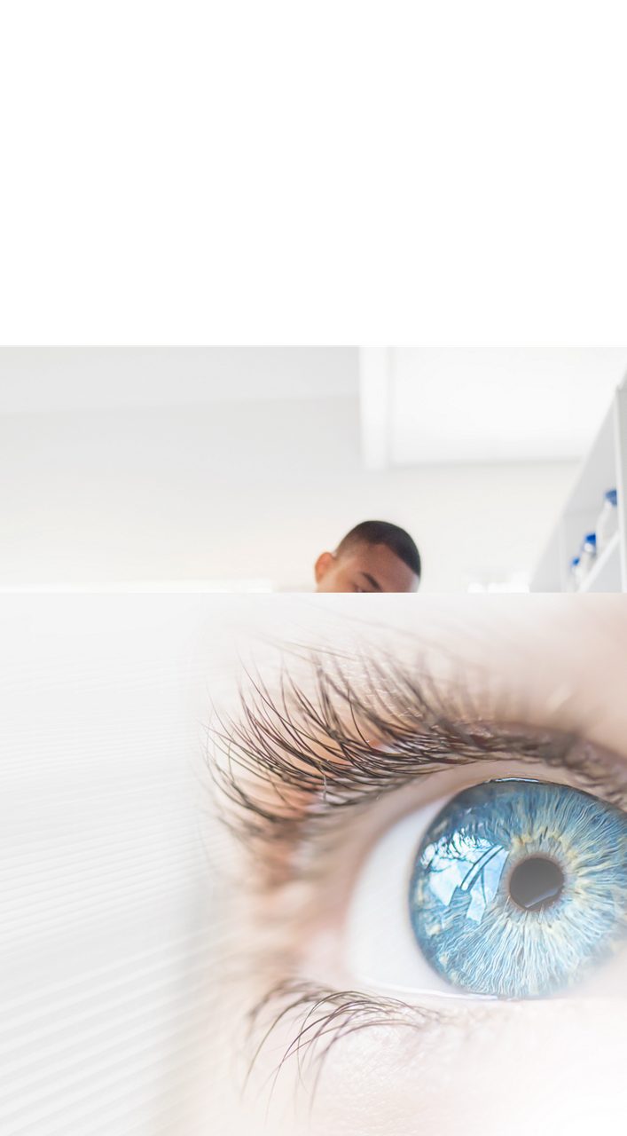 A blue eyeball illustrates how Astellas is helping to free patients from the fear of vision loss and offer the hope of recovery and lost sight.