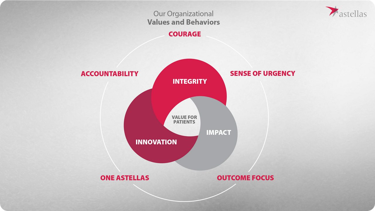A diagram showing Astellas’ Organizational Values and Behaviors.