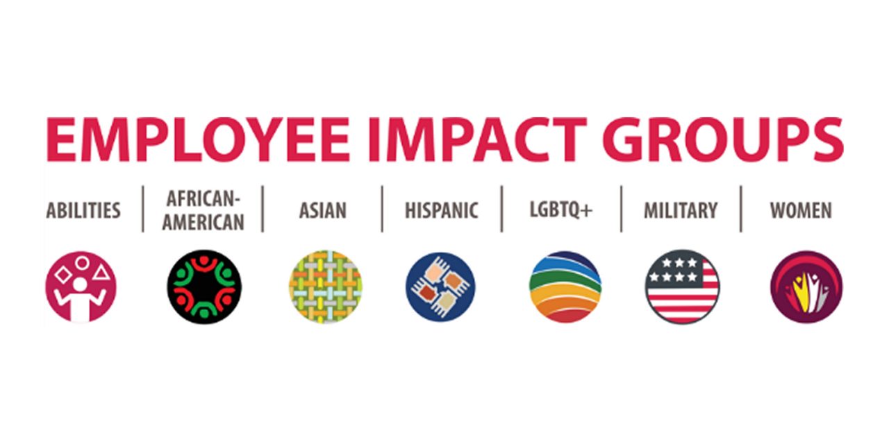A chart illustrating the seven Employee Impact Groups at Astellas.