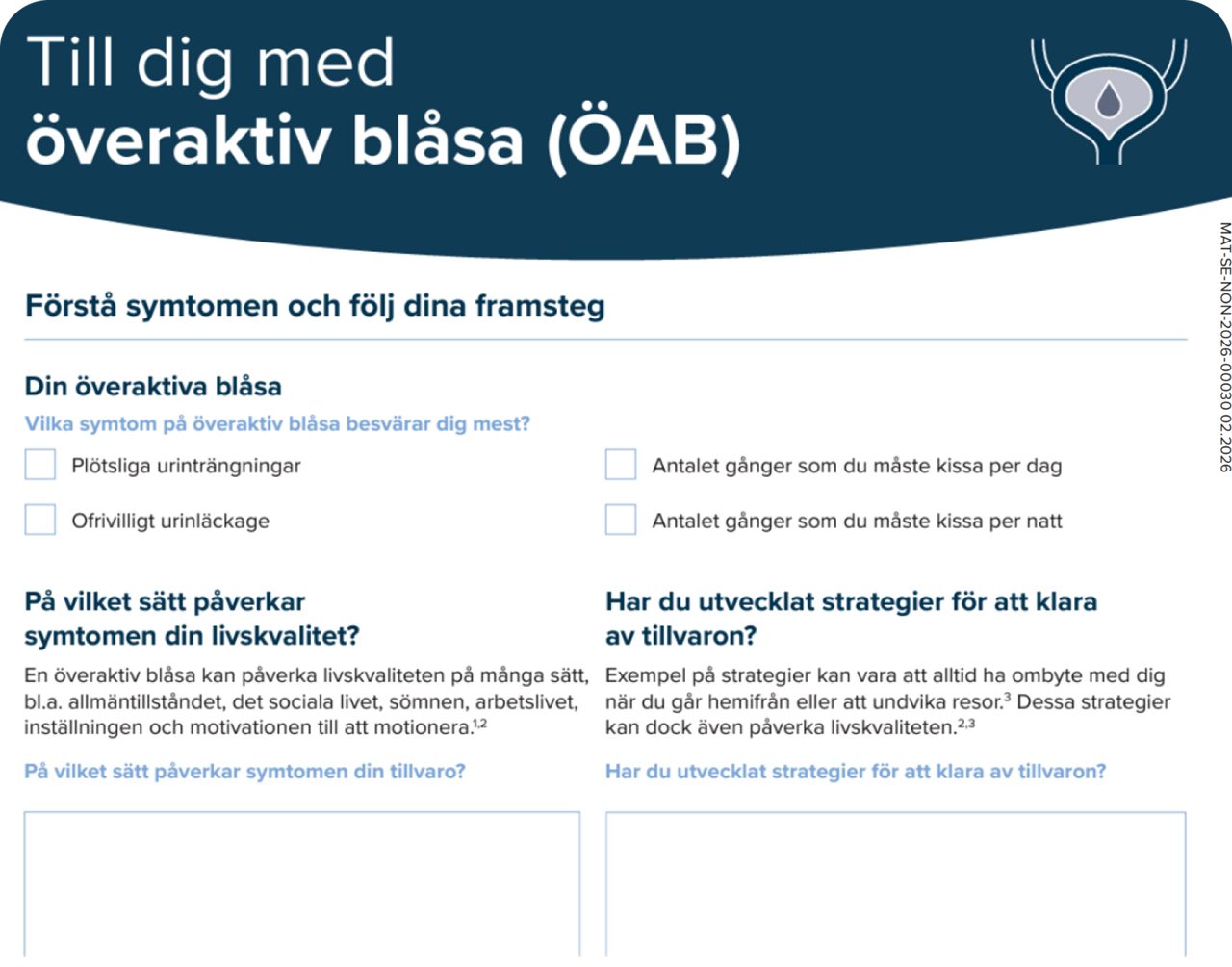 Uppföljningsguide för överaktiv blåsa med kryssrutor, frågor om symtom, livskvalitet och copingstrategier samt fält för egna anteckningar.
