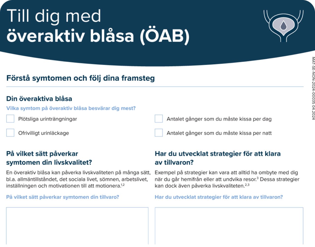 Uppföljningsguide för överaktiv blåsa med kryssrutor, frågor om symtom, livskvalitet och copingstrategier samt fält för egna anteckningar.
