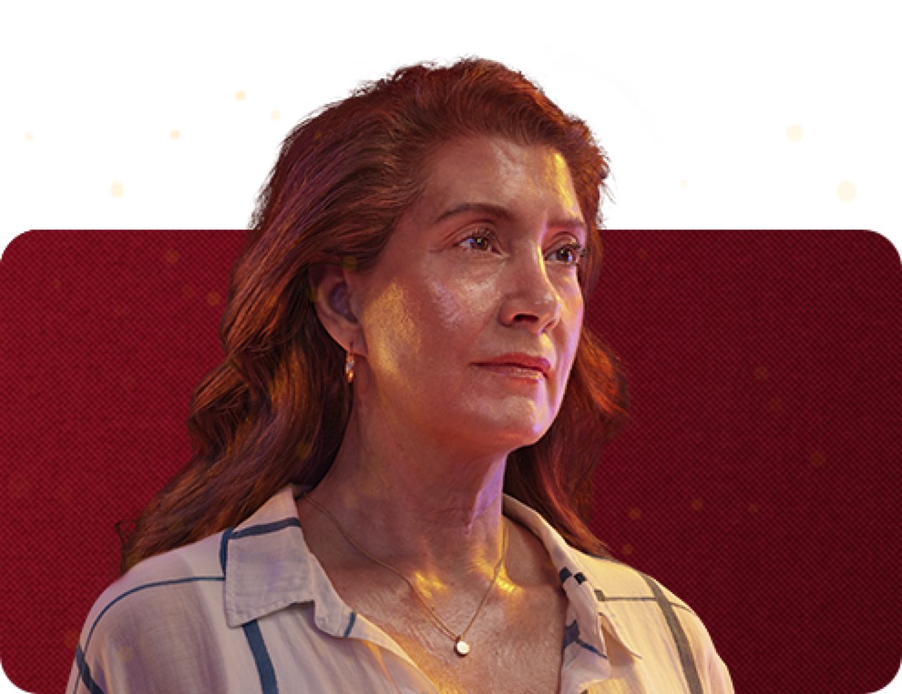 Une femme blanche d’âge mûr ménopausée, avec de la transpiration sur le visage et le cou, regarde vers la droite.