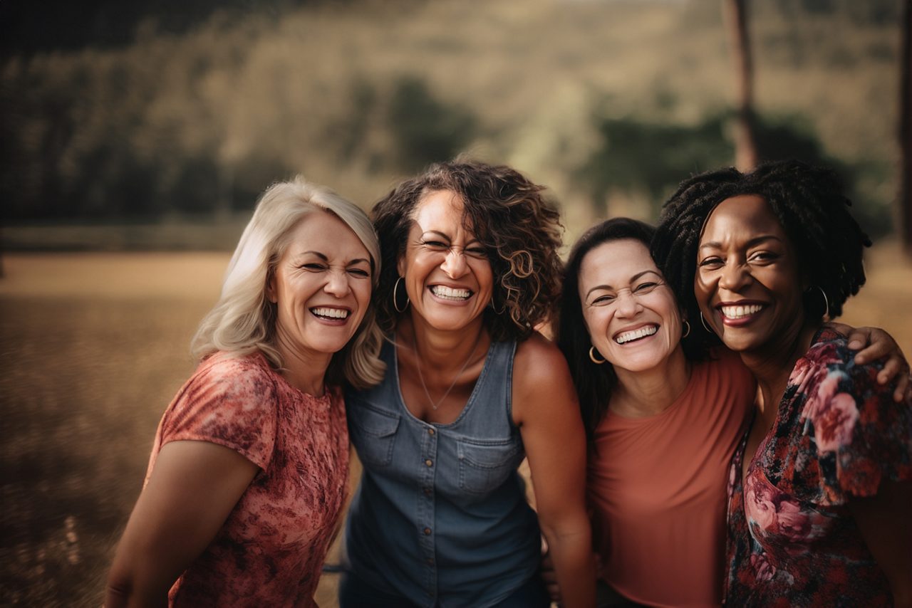  Donne bianche, nere, ispaniche e asiatiche di mezza età in menopausa che guardano la telecamera sorridenti e fiduciose, all'aperto nel verde.