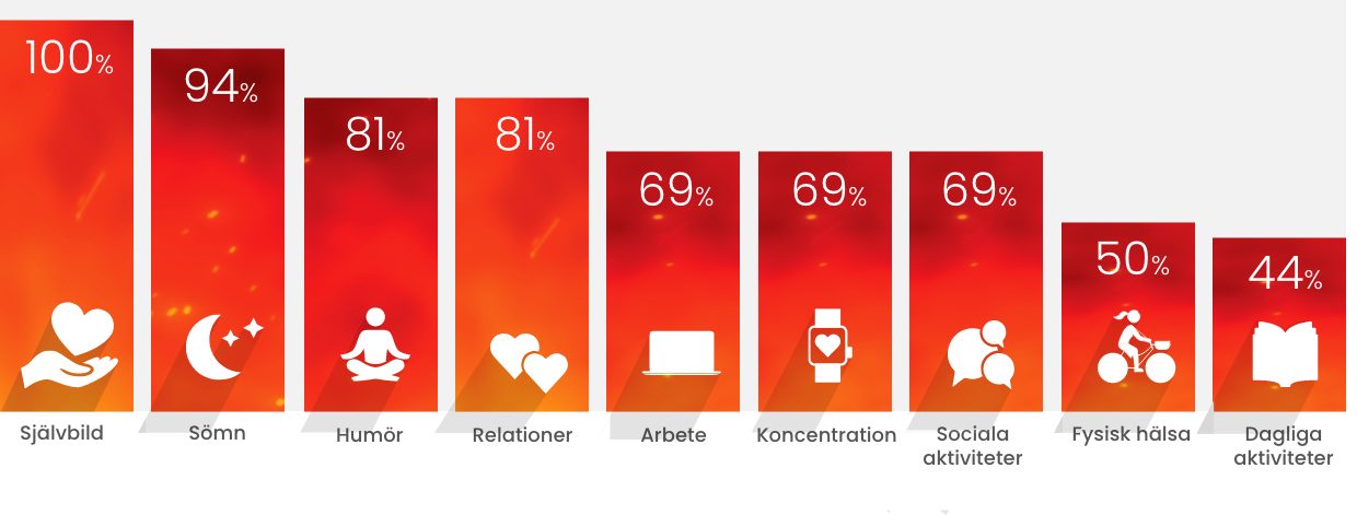 Självbild 100%, sömn 94%, humör 81%, relationer 81%, arbete 69%, sociala aktiviter 69%, fysisk hälsa 50%, dagliga aktiviteter 44%