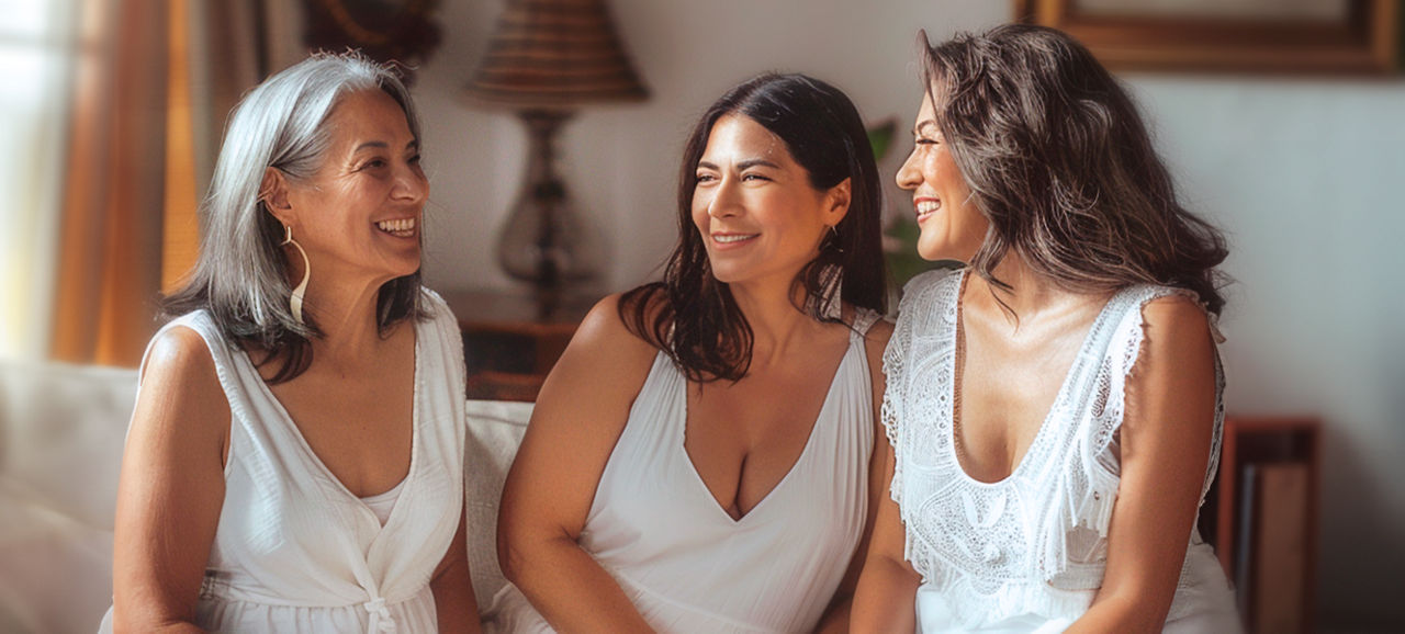 Tres mujeres con menopausia conversan y se ríen hablando de  sus experiencias
