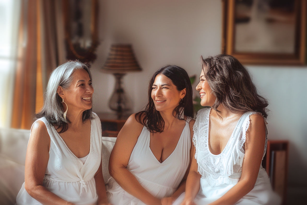 Tres mujeres con menopausia conversan y se ríen contando sus experiencias