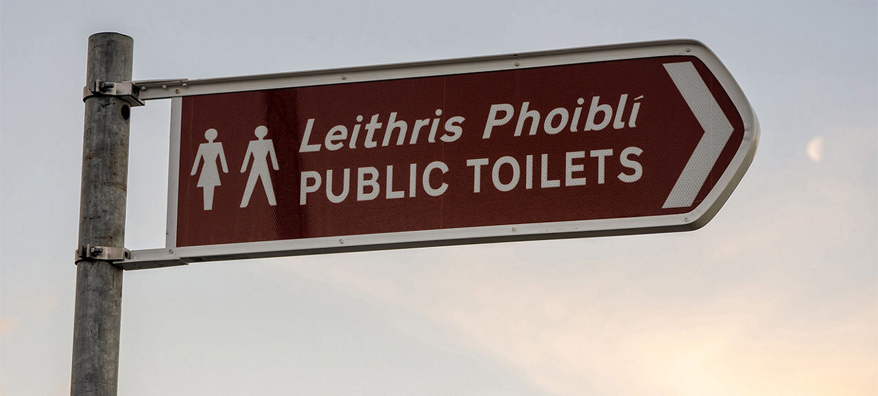 Public toilet sign in Irish and English language with male and female body logo. Pastel sky background.