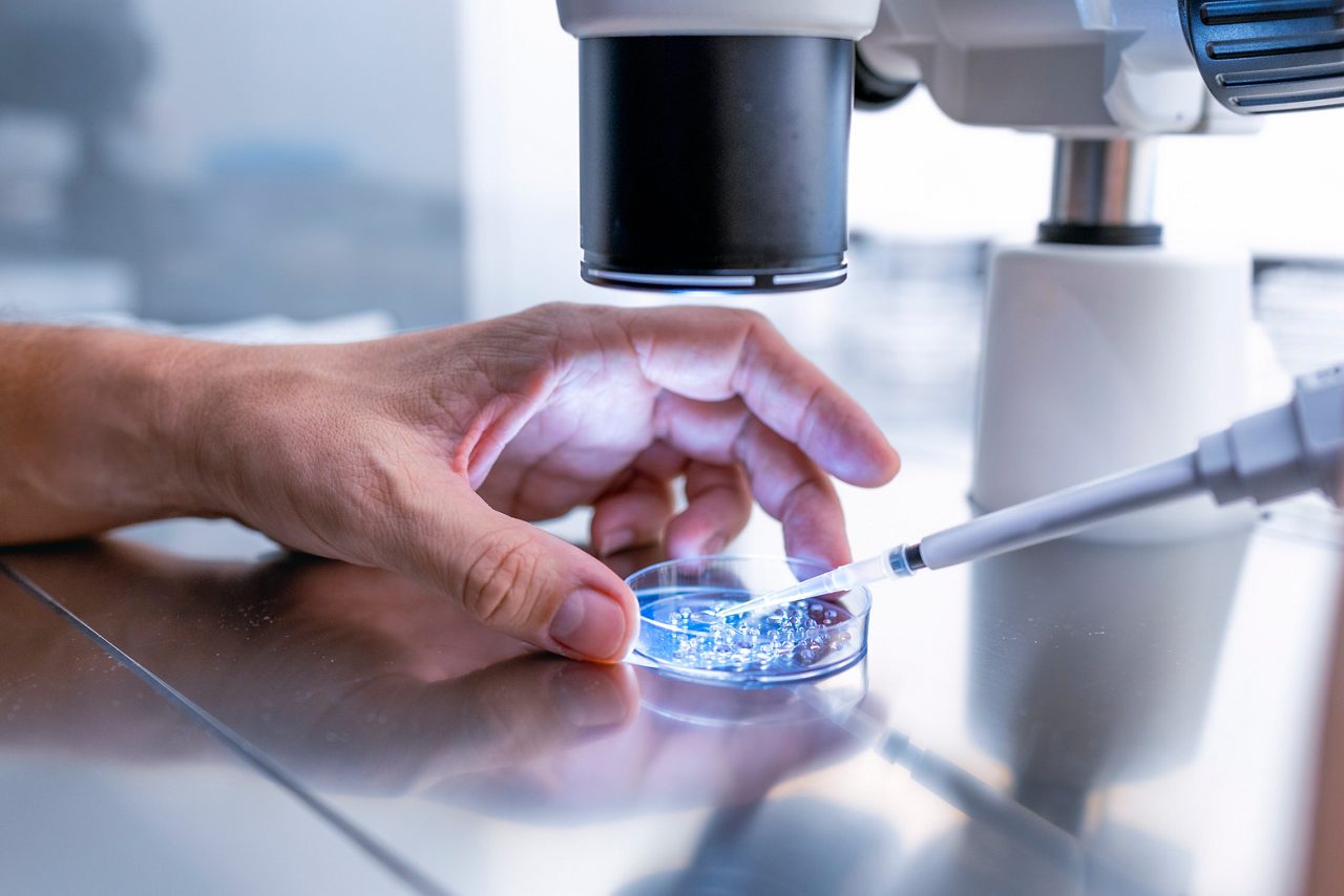 A scientist drops liquid into a petri dish under a microscope, advancing Astellas' R&D for innovative, patient-centered therapies.