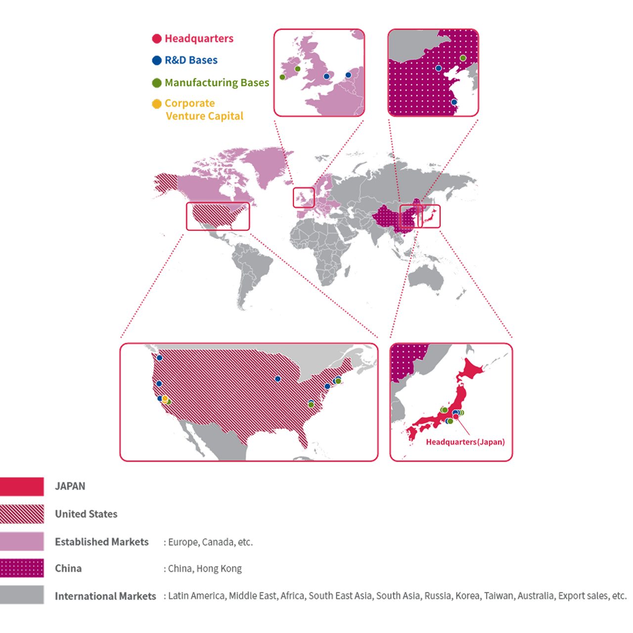 A map shows how Astellas operates in over 70 countries and regions, establishing a strong presence in each market.