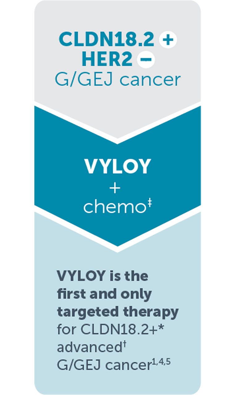 Image showing VYLOY + chemo is the first and only targeted therapy for advanced CLDN18.2+/HER2- G/GEJ cancer