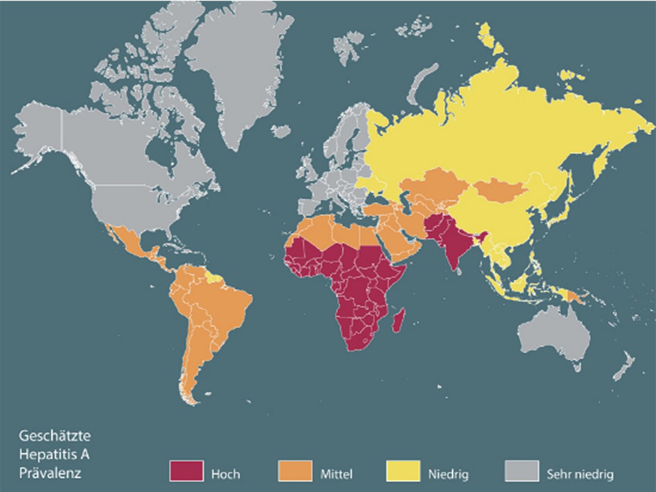 Verbreitung des Hepatitis A Virus (Abbildung modifiziert nach Pedersini R et al. Travel Med Infect Dis 2016; 14:221-232)