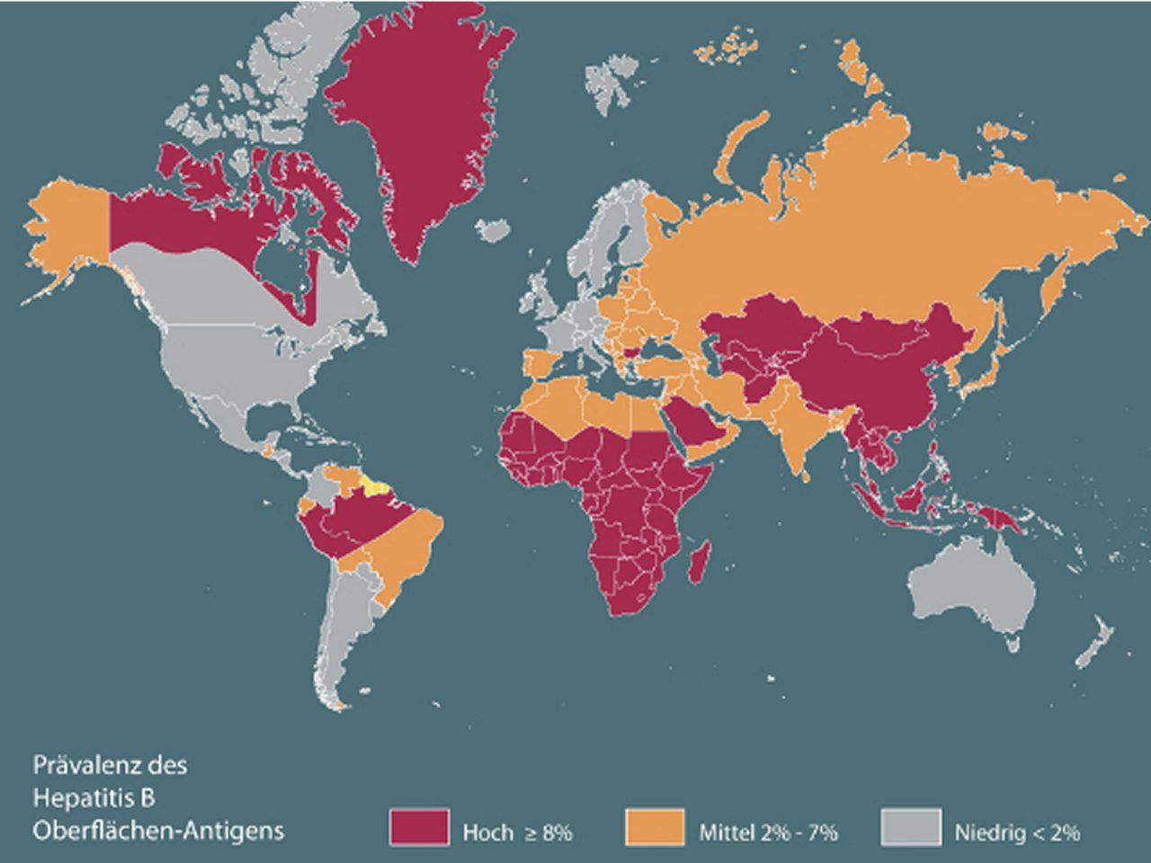 Weltkarte mit Hepatitis-B-Oberflächenantigen-Prävalenz: hoch (≥8%) in dunkelrot, mittel (2%-7%) in orange und niedrig (<2%) in blau. Einige Länder sind in grau dargestellt.