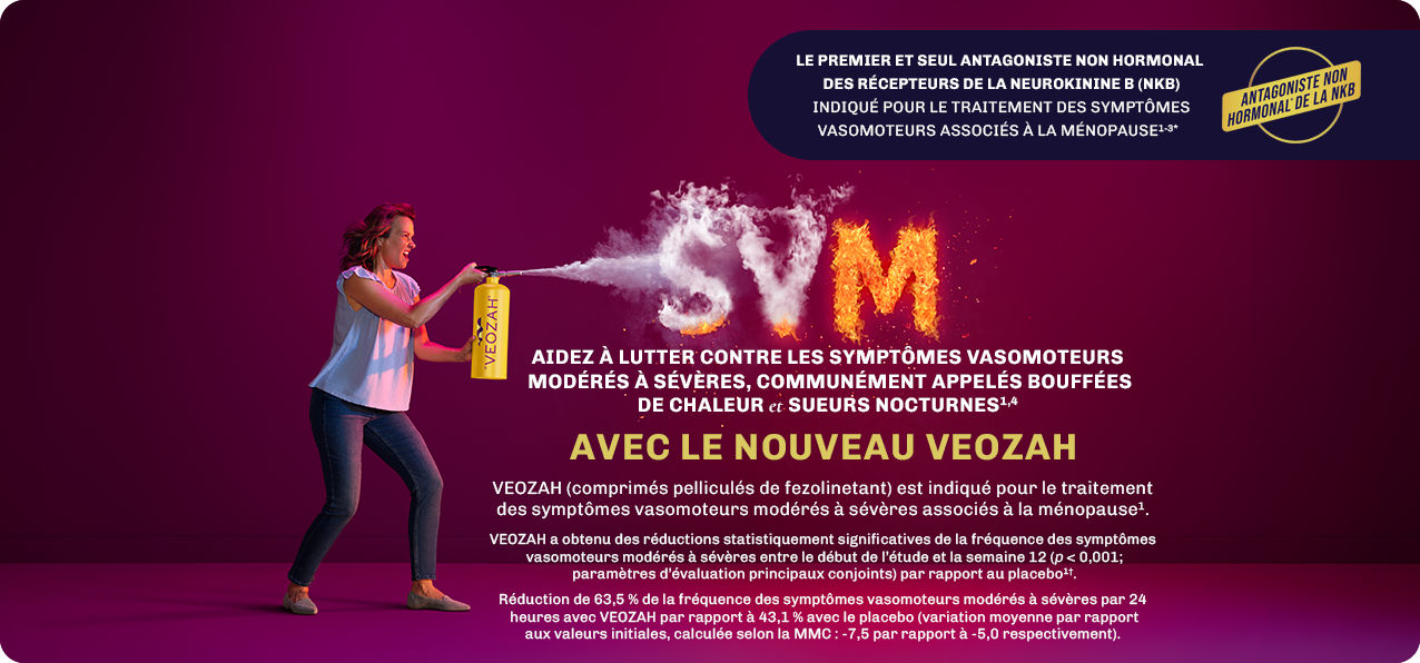 AIDEZ À LUTTER CONTRE LES SYMPTÔMES VASOMOTEURS MODÉRÉS À SÉVÈRES, COMMUNÉMENT APPELÉS BOUFFÉES DE CHALEUR et SUEURS NOCTURNES1,4