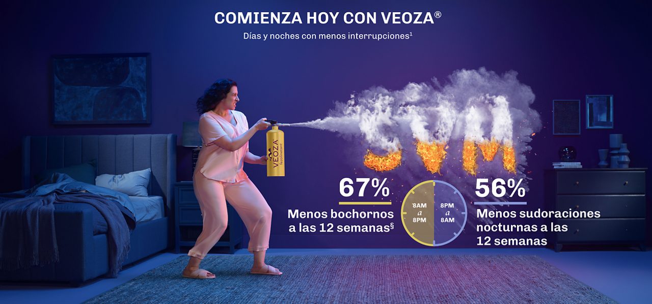 Ilustración en la que una mujer en un dormitorio apaga con un extintor las letras SVM representado el beneficio que supone para los pacientes el tratamiento con cómo VEOZA™ (fezolinetant) al hacer frente a los Síntomas Vasomotores (SVM)