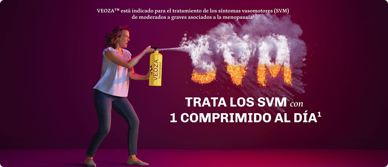 Ilustración en la que una mujer apaga con un extintor las letras SVM representado como  VEOZA™ (fezolinetant) consigue tratar el calor de los Síntomas Vasomotores (SVM) con un comprimido al día