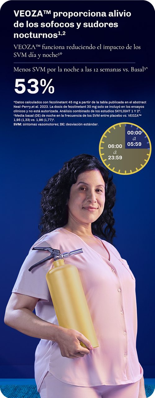 Mujer sonriente sosteniendo un extintor con el logotipo de VEOZA™ (fezolinetant) en su dormitorio.