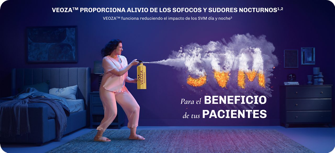 Ilustración en la que una mujer en un dormitorio apaga con un extintor las letras SVM representado el beneficio que supone para los pacientes el tratamiento con cómo VEOZA™ (fezolinetant) al hacer frente a los Síntomas Vasomotores (SVM)