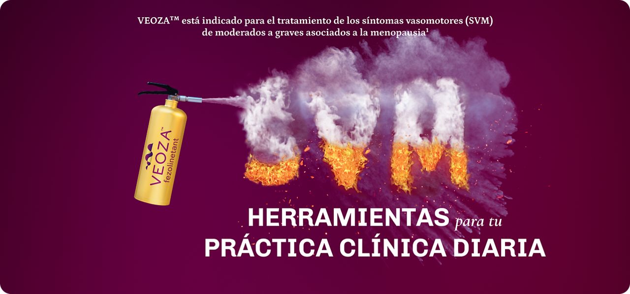 Ilustración en el que un extintor con logotipo VEOZA™ (fezolinetant) suspendido en el aire, rociando el fuego las letras SVM, en representación de los Síntomas Vasomotores de la menopausia.
