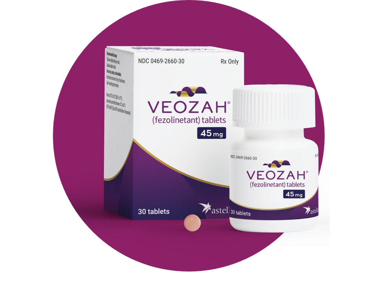 VEOZAH™ (fezolinetant) sample box, sample bottle, and tablet