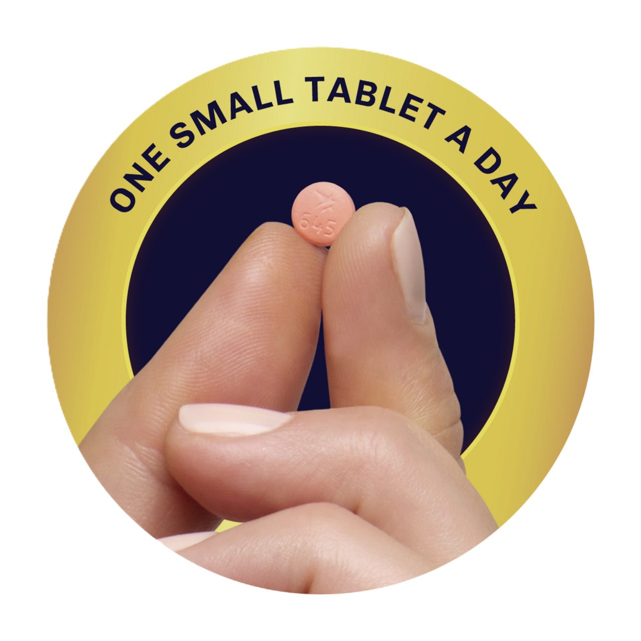 Hand holding VEOZAH™ (fezolinetant) tablet with “One Small Tablet a Day” messaging behind