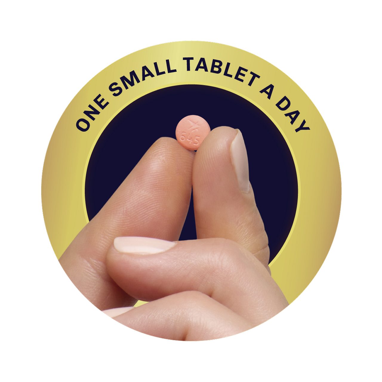 Hand holding VEOZAH™ (fezolinetant) tablet with “One Small Tablet a Day” messaging behind