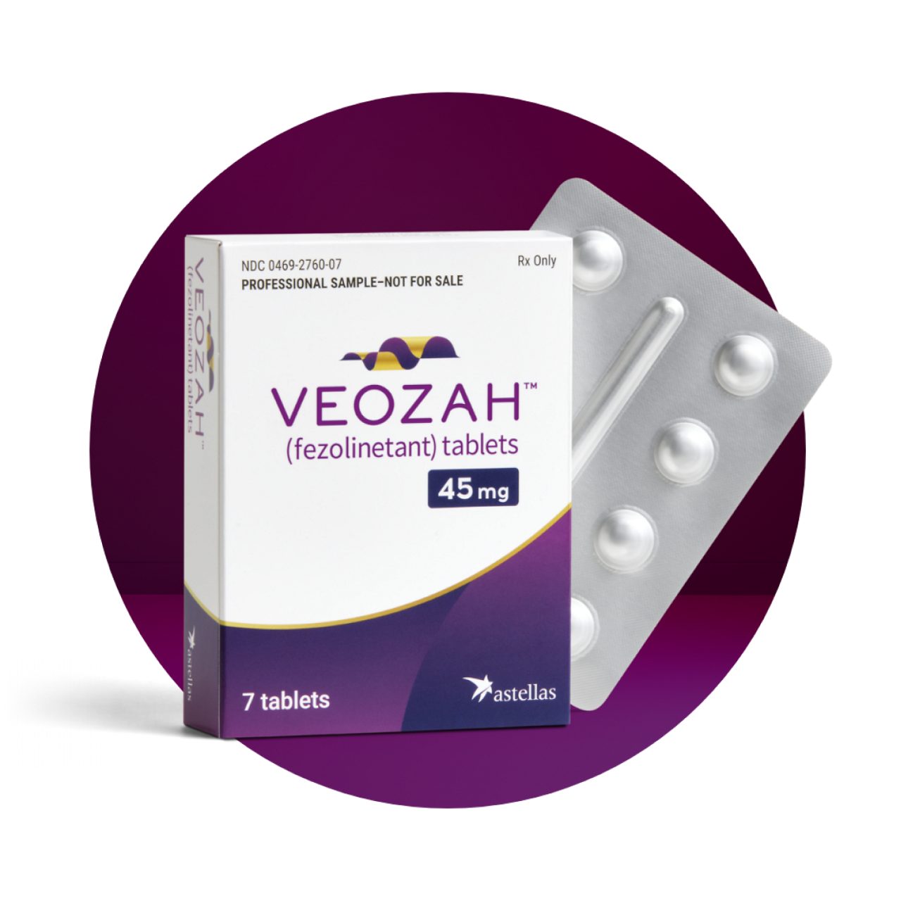 VEOZAH® (fezolinetant)  sample box, sample bottle, and tablet