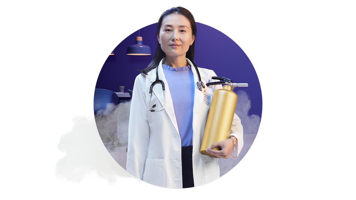 Doctor holding fire extinguisher with smoke behind her