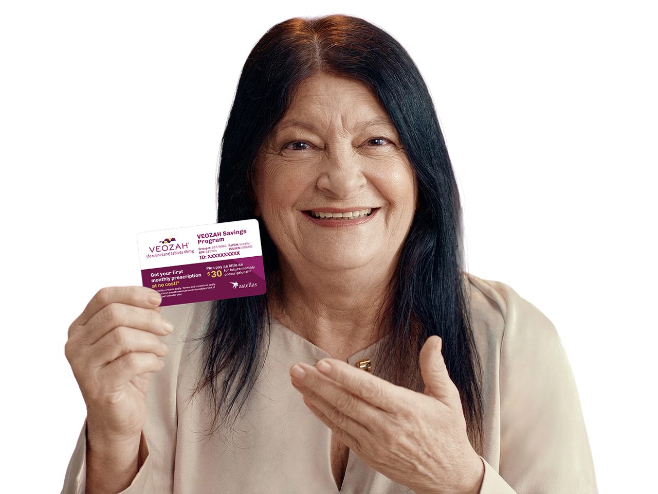 Annet holding a VEOZAH™ savings card