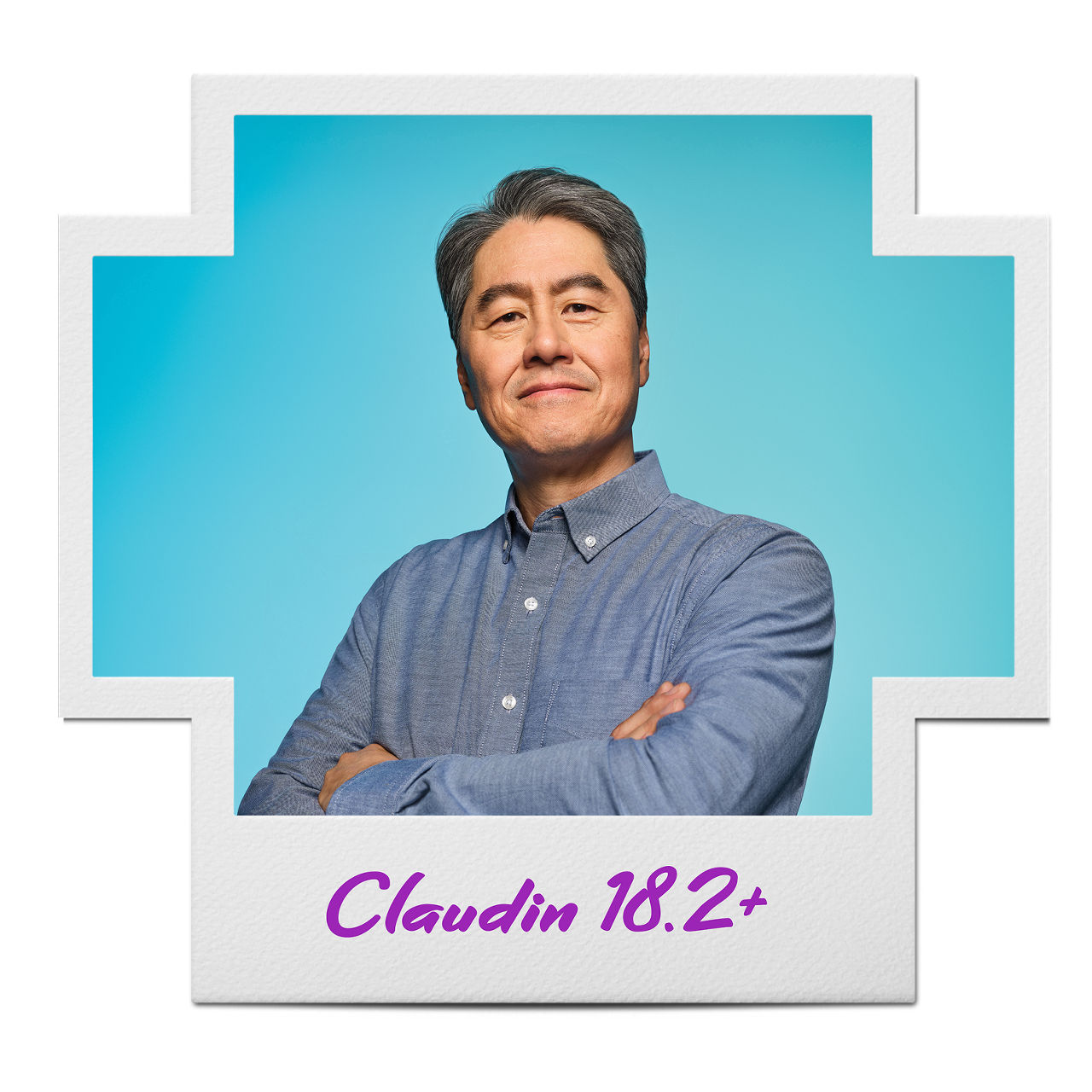 Man in blue shirt inside a Claudin 18.2-positive frame.