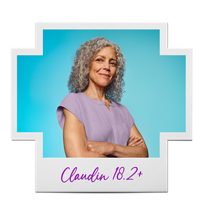 Woman in lavender blouse inside a Claudin 18.2-positive frame