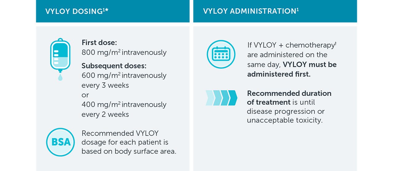 Table showing a high-level overview of VYLOY dosing and administration