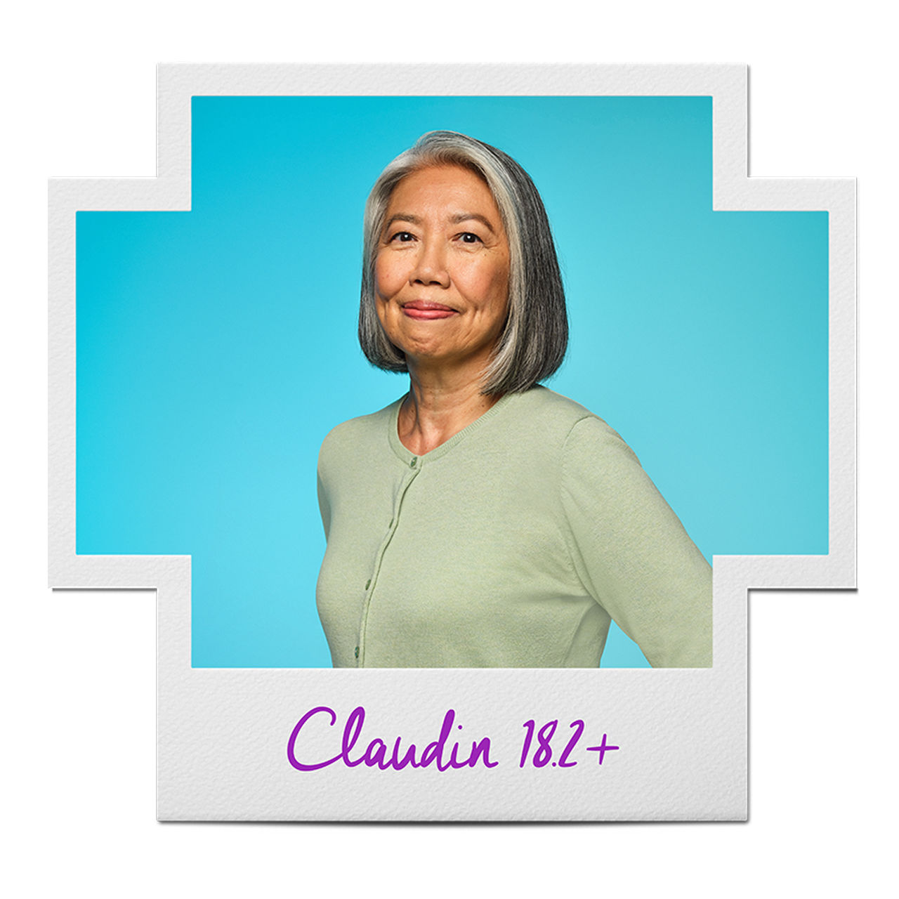Woman in green sweater inside a Claudin 18.2 positive frame