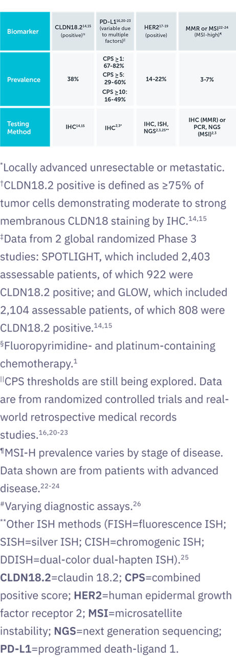 Chart showing CLDN18.2 is one of the most highly prevalent biomarkers in advanced G/GEJ adenocarcinoma