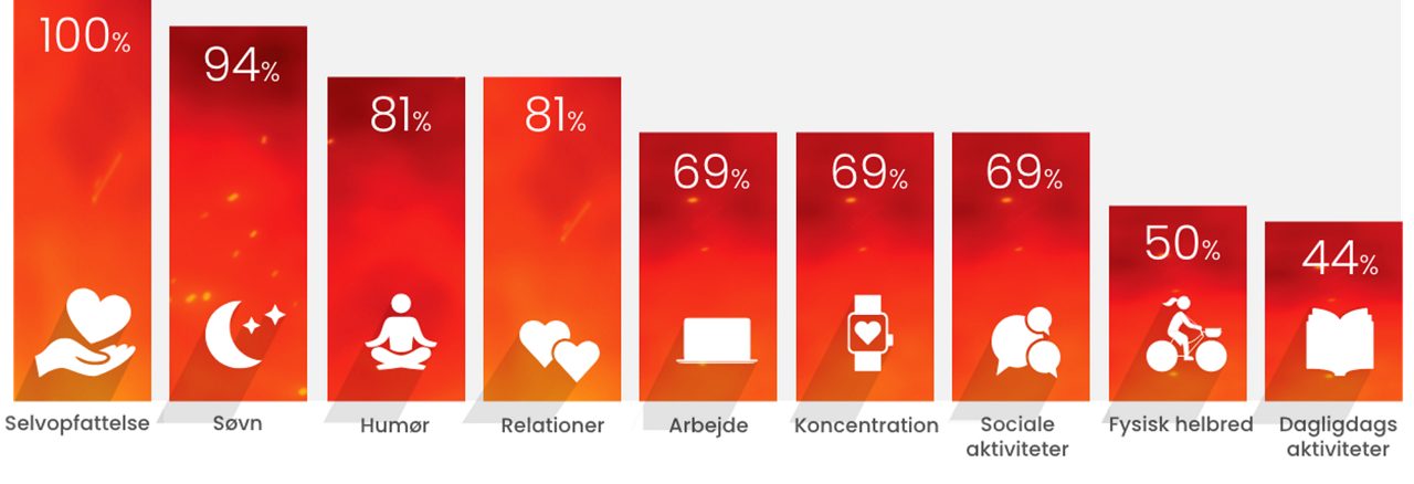 Selvopfattelse 100%, søvn 94%, humør 81%, relationer 81%, arbejde 69%, koncentration 69%, sociale aktiviteter 69%, fysisk helbred 50%, dagligdagsaktiviteter 44%