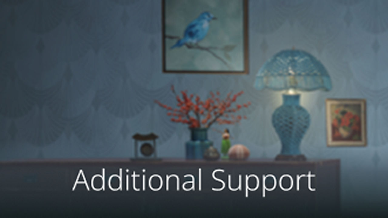 Dresser with lamp and flowers and paintings on the wall.