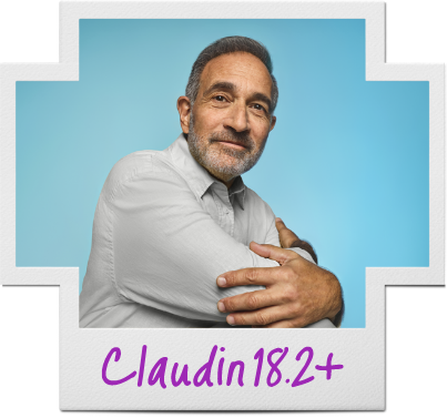 Plus-sign-shaped photo of a man with crossed arms and Claudin 18.2+ written on the bottom.